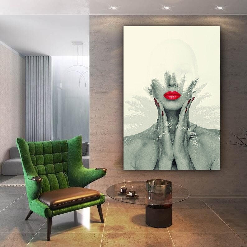 illustrion woman canvas, surreal woman painting, woman with red lips print, abstract woman canvas, women's wall decor