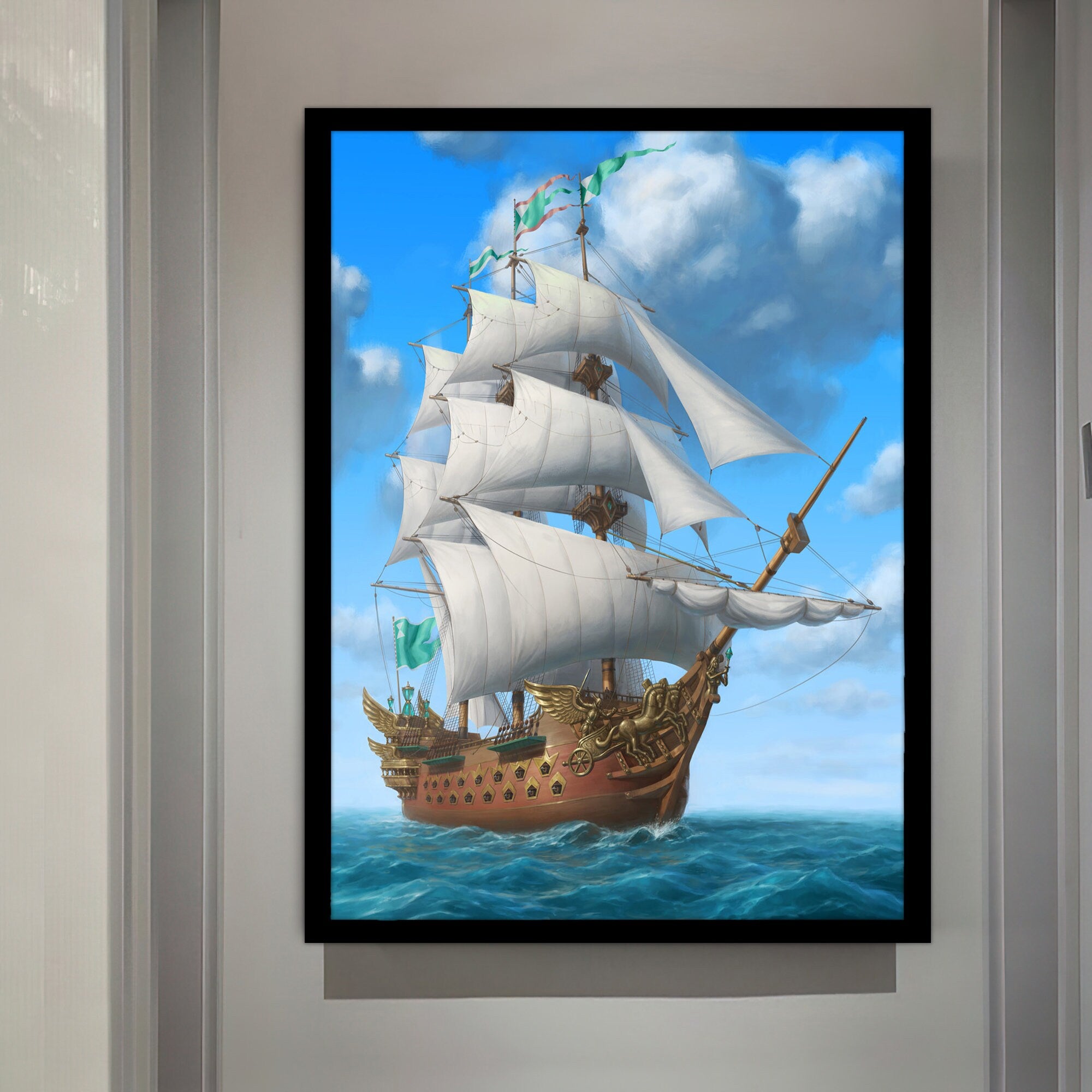 ship canvas painting, pirate ship print, sailing painting, boating ship painting, rowing boat painting, ship framed canvas