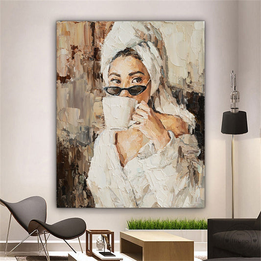 Fashion woman canvas, popular girl drinking coffee painting, woman in bathrobe canvas print, woman poster, woman drinking coffee after bath