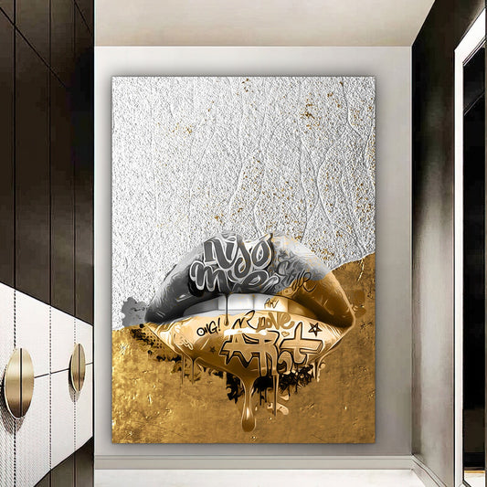 lip canvas, gold and white abstract lip painting, graffiti lip canvas painting, lip poster, lip home art, gold lip art