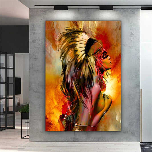 indian abstract woman canvas painting, tuff head woman portrait, woman canvas print, colorful abstract woman canvas decor