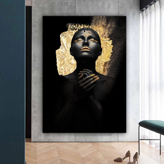 african woman gold glitter canvas painting, ethnic painting, black woman painting, african woman wall art, gold and black canvas painting Canvas Art