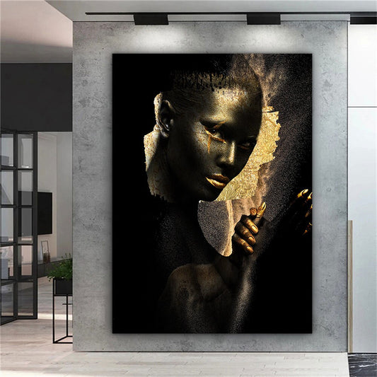 african woman gold glitter canvas painting, ethnic painting, black woman painting, african woman wall art, gold and black canvas painting Wall Prints