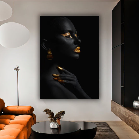 African black woman canvas painting, african woman wall decor with gold icon embroidery, black woman wall art