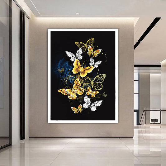 Golden butterflies canvas, gold glitter textured butterfly canvas painting, flying butterfly print, butterfly home decor, gold butterfly art