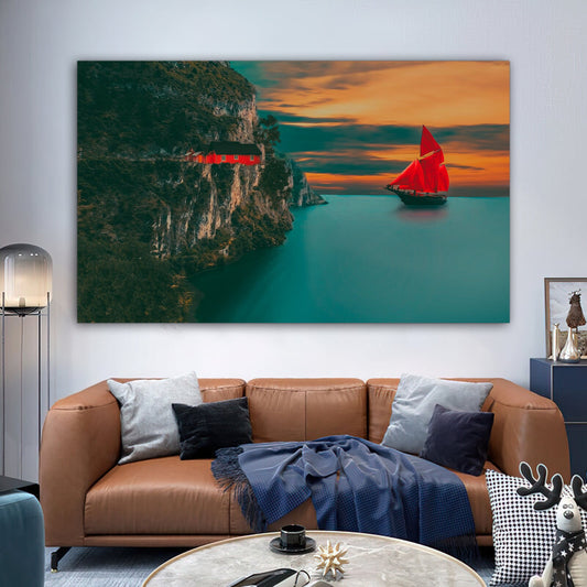 red sailing ship canvas wall art , house on the mountain canvas painting , sea landscape canvas print , modern home decor , canvas art