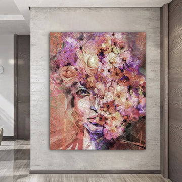 flower head woman face portrait canvas wall art , abstract woman canvas painting , valentine gift , christmas gift , modern home decor