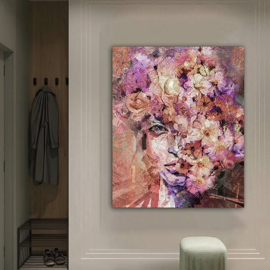 flower head woman face portrait canvas wall art , abstract woman canvas painting , valentine gift , christmas gift , modern home decor