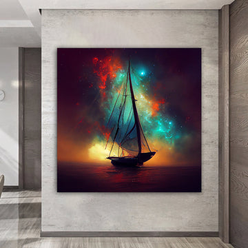 colorful sky canvas wall art abstract ship canvas painting , universe canvas print , sailing ship canvas wall decor , art canvas