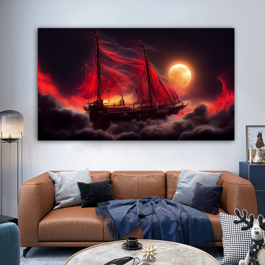 Scary ship with red sails canvas wall art , rough sea canvas painting , sailing ship canvas print , halloween , christmas gift