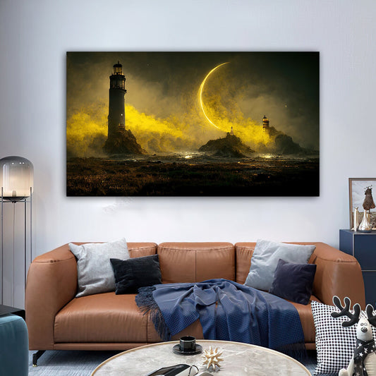 full moon landscape canvas print , lighthouse tower on the sea canvas painting , dark evening canvas print , halloween , christmas gift