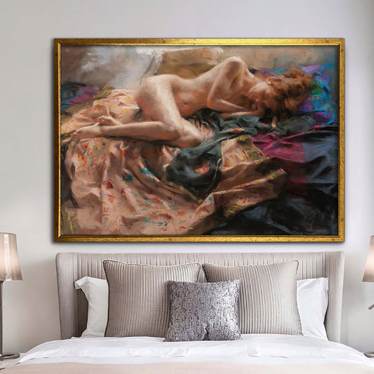 erotic woman canvas painting, lying naked woman print, nude girl art, bedroom wall print, sexy girl poster, erotic wall art