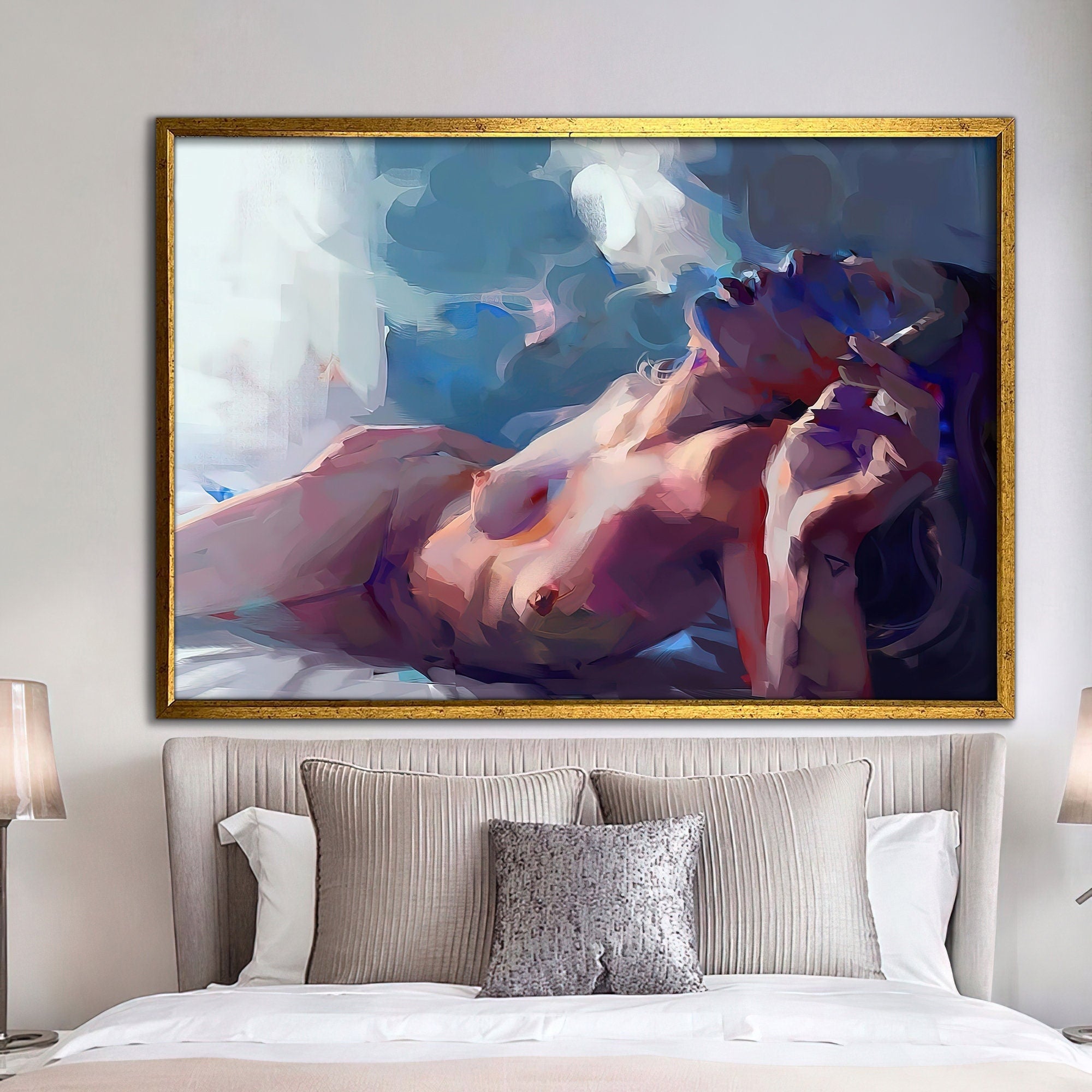 naked woman canvas, smoking woman painting, lying sexy girl print, bedroom decor, erotic home painting, bedroom painting