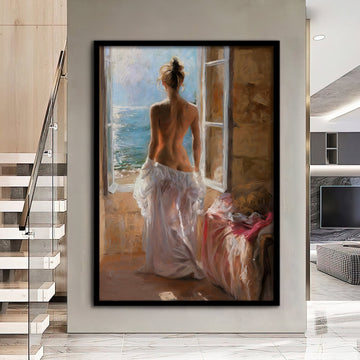 naked girl with her back turned, woman painting, nude woman looking out the window print, nude woman art, bedroom painting