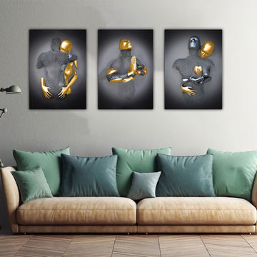 Kissing, hugging, gold Christmas gift canvas painting set, valentine's day gift  couples with silver glitter texture on canvas, 3 d effect