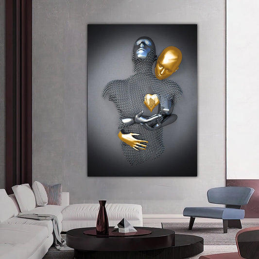 Bedroom painting, 3 d effect love canvas print, love couples painting, gold and silver wall art, silver glitter textured painting