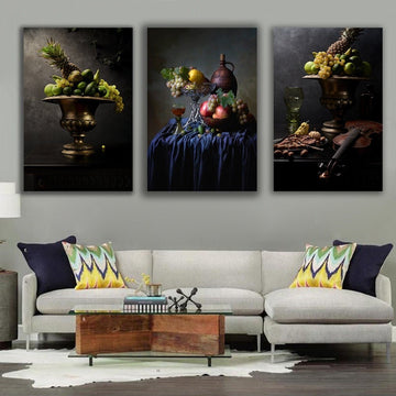 Still life canvas painting set, 3 piece fruity kitchen wall art, fruits and vase canvas print, 3 piece fruit painting, natürmort art