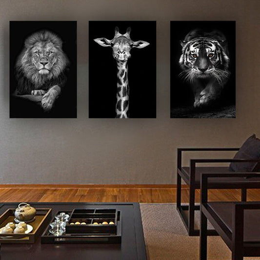 Animal Art Print Set of 3, lion canvas, giraffe painting, black and white tiger wall art, 3 piece animal art, canvas wall art, animal decor