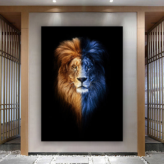 Blue and yellow Lion Portrait Canvas Wall Art, Lion on Black Background Wall ART, Black White Canvas Wall Print,  Lion Room Decor