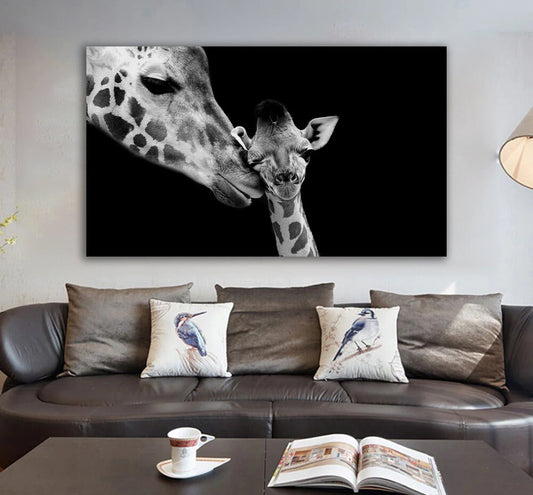 giraffe baby canvas, mother and baby giraffe painting, black and white giraffe wall art, baby giraffe canvas print