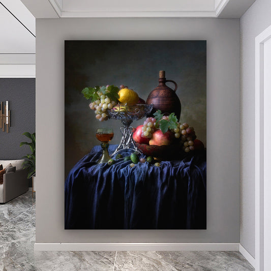 Still life canvas, rustic fruits painting, fruits in vase kitchen decor, kitchen wall art, old fruit paintings print