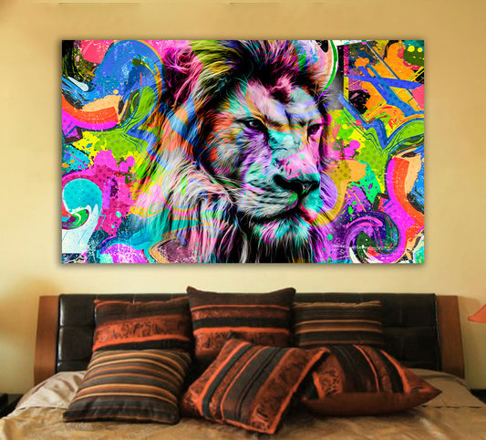 Lion painting, colorful lion wall art, lion poster, colorful lion print, living room wall art, animal canvas painting