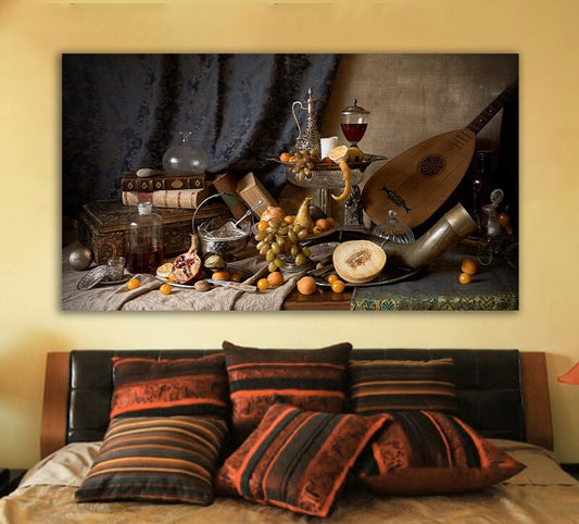 Natürmort canvas, vintage canvas, fruit and antique picture painting, old musical instrument canvas painting, kitchen wall art