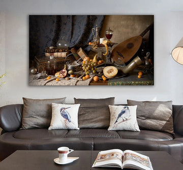 Natürmort canvas, vintage canvas, fruit and antique picture painting, old musical instrument canvas painting, kitchen wall art