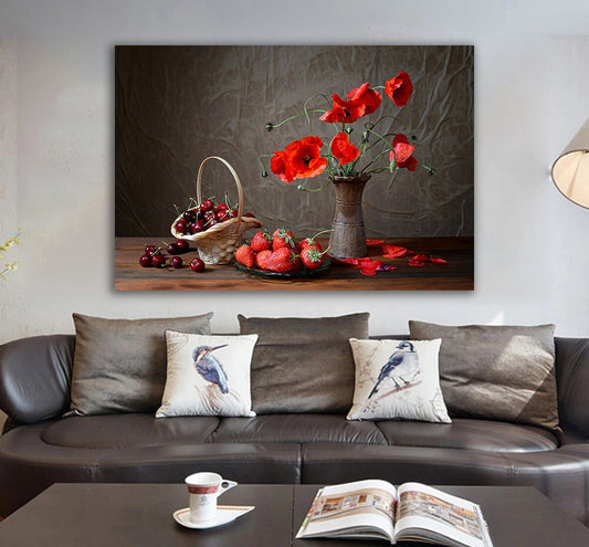 Fruit and antique picture painting, red flowers canvas painting, kitchen wall art, flowers and fruits in vase print