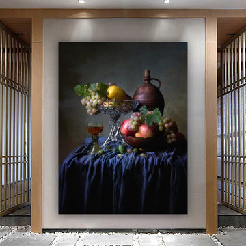 Still life canvas, rustic fruits painting, fruits in vase kitchen decor, kitchen wall art, old fruit paintings print