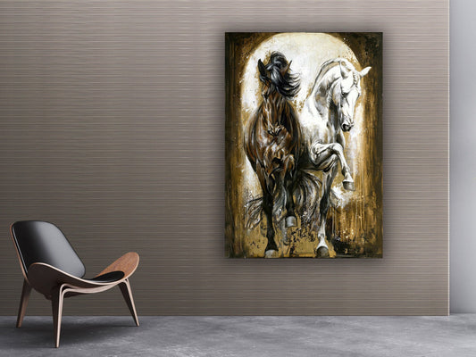 Two horses painting, white coffee horses wall art, horse canvas print, horse canvas print, horse wall decor, horse poster