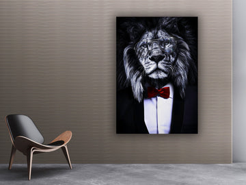 Lion painting with bow tie, lion man painting, lion print, lion canvas art, lion in suit wall art, office decor