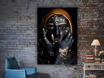 Black and gold african woman painting, black woman wall art with gold detail