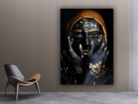 Black and gold african woman painting, black woman wall art with gold detail