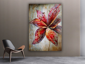 Red lily blossom canvas, lily flower painting, floral wall art, lily home decor