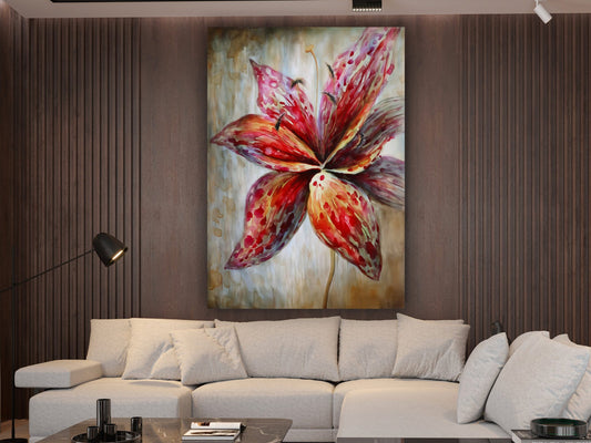 Red lily blossom canvas, lily flower painting, floral wall art, lily home decor