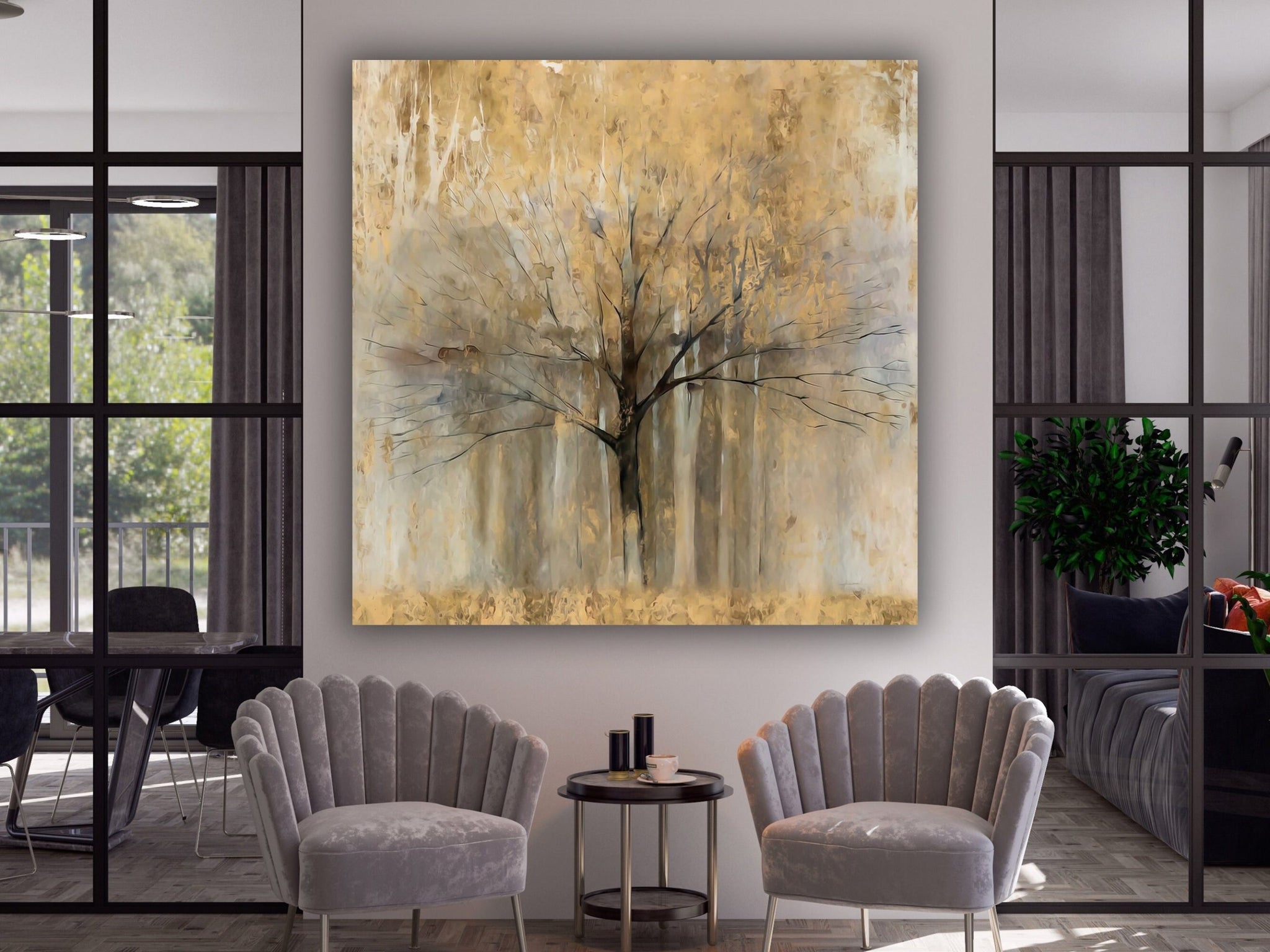 Large Gold Tree Abstract Painting,Gold  Wall Art,Expressionist   Painting Aesthetic room decor