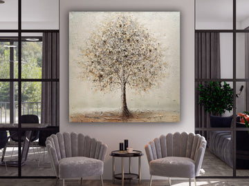 Beige tree canvas painting  , Flower Canvas Print Art, Floral Artwork, Modern Wall Decor, White Rose Canvas Wall Art,