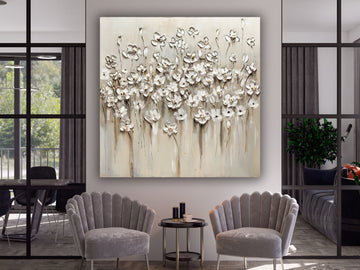 white flower , living room wall art decor, floral wall art painting, large abstract canvas art, canvas painting
