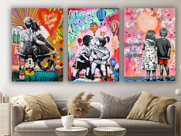 Banksy Set of 3 Canvas, Love and Kissing Art, Gift for Lover, Colourful Graffiti, Famous Mural Quote, Heart Graffiti Art, pop art love decor