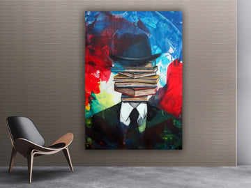 İnformation ring canvas, business man and books abstract painting, surreal man canvas print