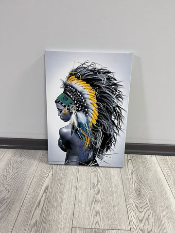 Native American Indian Girl Wall Art Canvas Painting Women, Colorful Feathered Prints, indian woman canvas wall art