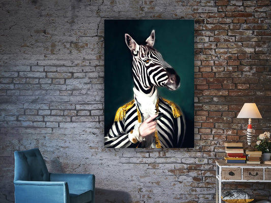 Zebra man canvas, animal life size art, zebra head and human body print, funny zebra wall art