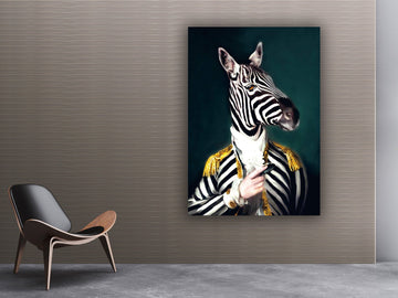 Zebra man canvas, animal life size art, zebra head and human body print, funny zebra wall art