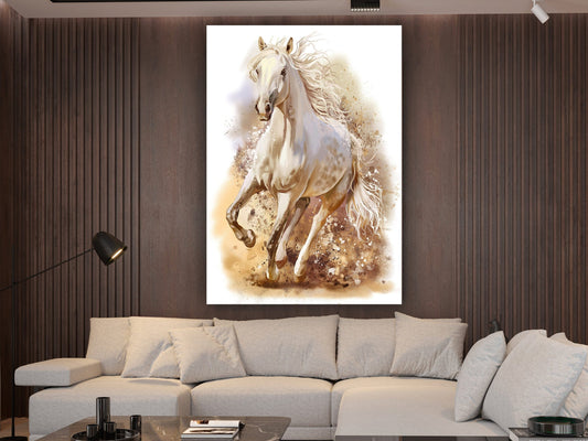 White running horse, white horse painting, running horse wall art, horse poster, horse office wall decor