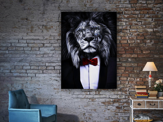 Lion painting with bow tie, lion man painting, lion print, lion canvas art, lion in suit wall art, office decor