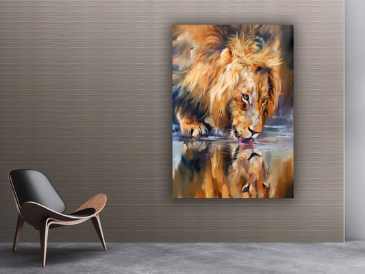 Lion drinking water painting, wild lion painting, animal wall art, african lion decor, yellow lion canvas painting