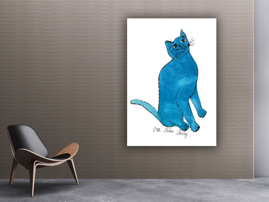 Blue cat canvas, cartoon cat painting, cat wall art, kids room animal painting