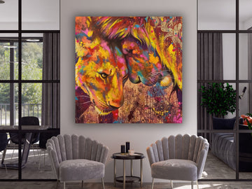 Lions Wall art, Lion canvas, lion love canvas, black white lions wall art, pair of lions print