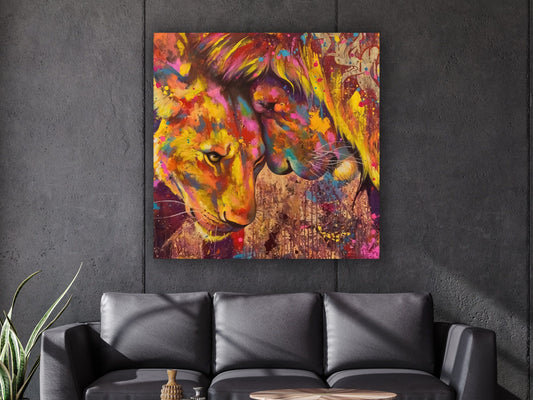 Lions Wall art, Lion canvas, lion love canvas, black white lions wall art, pair of lions print